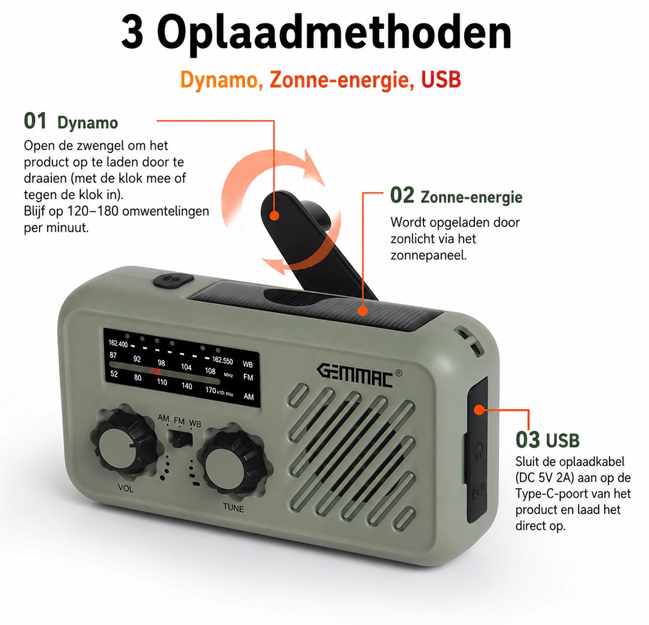 GEMMAC 3-in-1 Noodradio – Oplaadbaar via zon, zwengel en USB, met powerbank, zaklamp, leeslamp en SOS-alarm voor outdoor en noodsituaties