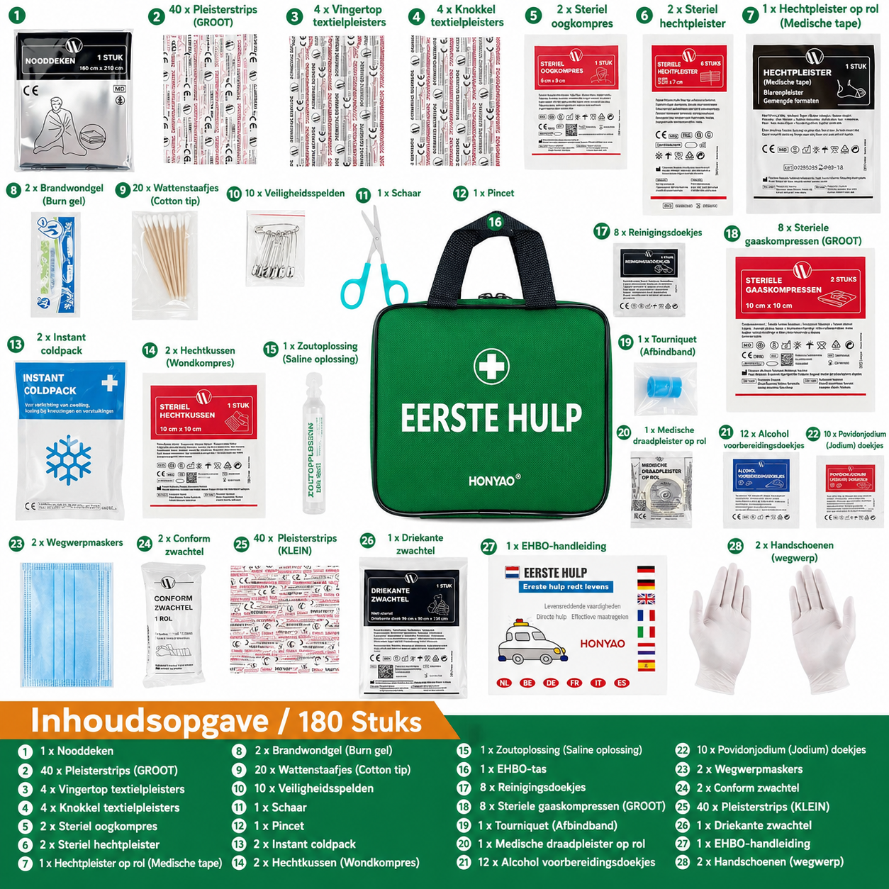 **HONYAO EHBO-set (180 stuks) – Complete EHBO- en medicijnkit voor thuis, auto, sport, reizen, kamperen, kinderen en werkplek – groen
