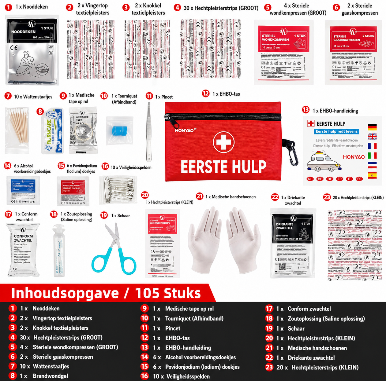 EHBO-set (105 stuks) – voor thuis, wandelen, auto, kamperen, kinderen en werkplek – rood