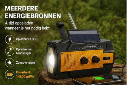 crankradio met 14800 mWh (4000 mAh), draagbare powerbank, opladen via USB, zonne-energie, zwengel en batterijen, SOS-alarm en zaklamp voor noodgevallen