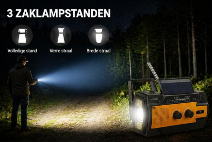 crankradio met 14800 mWh (4000 mAh), draagbare powerbank, opladen via USB, zonne-energie, zwengel en batterijen, SOS-alarm en zaklamp voor noodgevallen
