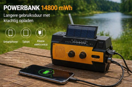 crankradio met 14800 mWh (4000 mAh), draagbare powerbank, opladen via USB, zonne-energie, zwengel en batterijen, SOS-alarm en zaklamp voor noodgevallen