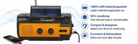 crankradio met 14800 mWh (4000 mAh), draagbare powerbank, opladen via USB, zonne-energie, zwengel en batterijen, SOS-alarm en zaklamp voor noodgevallen