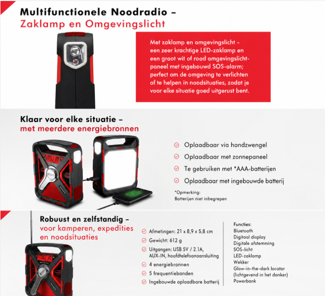 noodradio met Bluetooth, zonnepaneel en zwengel - DAB+/AM/FM/SW/WB, USB-opladen, led-zaklamp en sfeerverlichting, spatwaterdicht