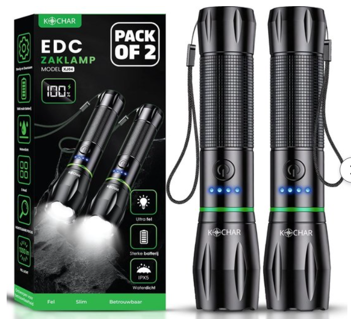 Kochar Zaklamp LED oplaadbaar - Militaire zaklamp - 26650 Oplaadbare batterij - 6 standen - Powerbank functie - IP67 Waterdicht - Zaklamp op batterijen - Zaklamp noodpakket